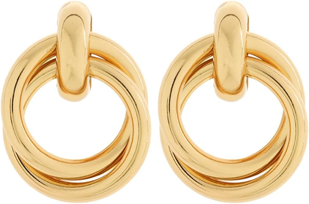 Chunky Gold Drop Dangle Earrings for Women, Minimalist Doorknocker Hoop Gold Silver Knot Earrings... | Amazon (US)