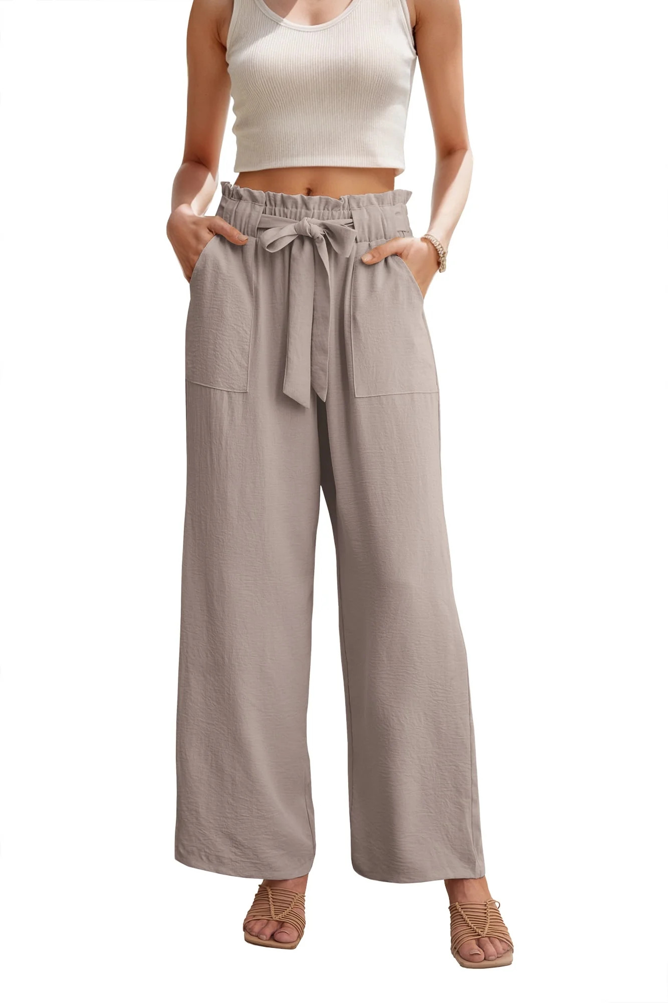 JWD Women's Wide Leg Pants With Pockets High Waist Adjustable Knot Loose Casual Trousers Business... | Walmart (US)