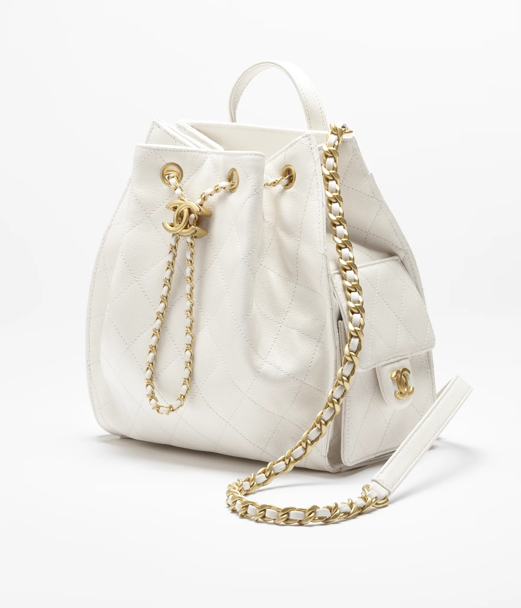 Chanel 25 medium backpack, Grained calfskin & gold-tone metal, white — Fashion | CHANEL | Chanel, Inc. (US)