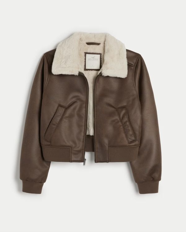 Faux Fur-Lined Faux Suede Crop Bomber Jacket | Hollister (US)