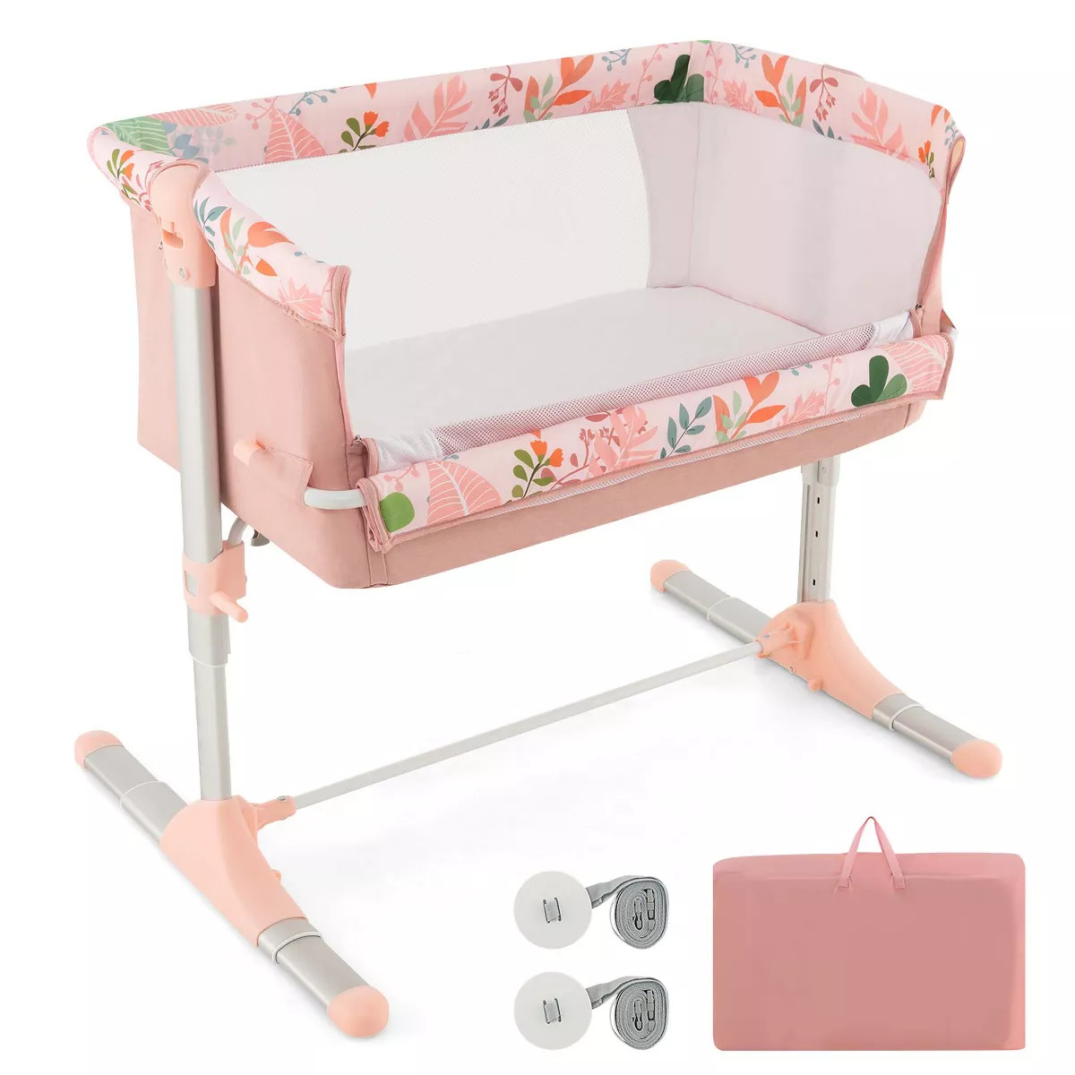 Babyjoy Folding Baby Bassinet Bedside Sleeper with 4 Adjustable Heights, Retractable Feet Pink | Target