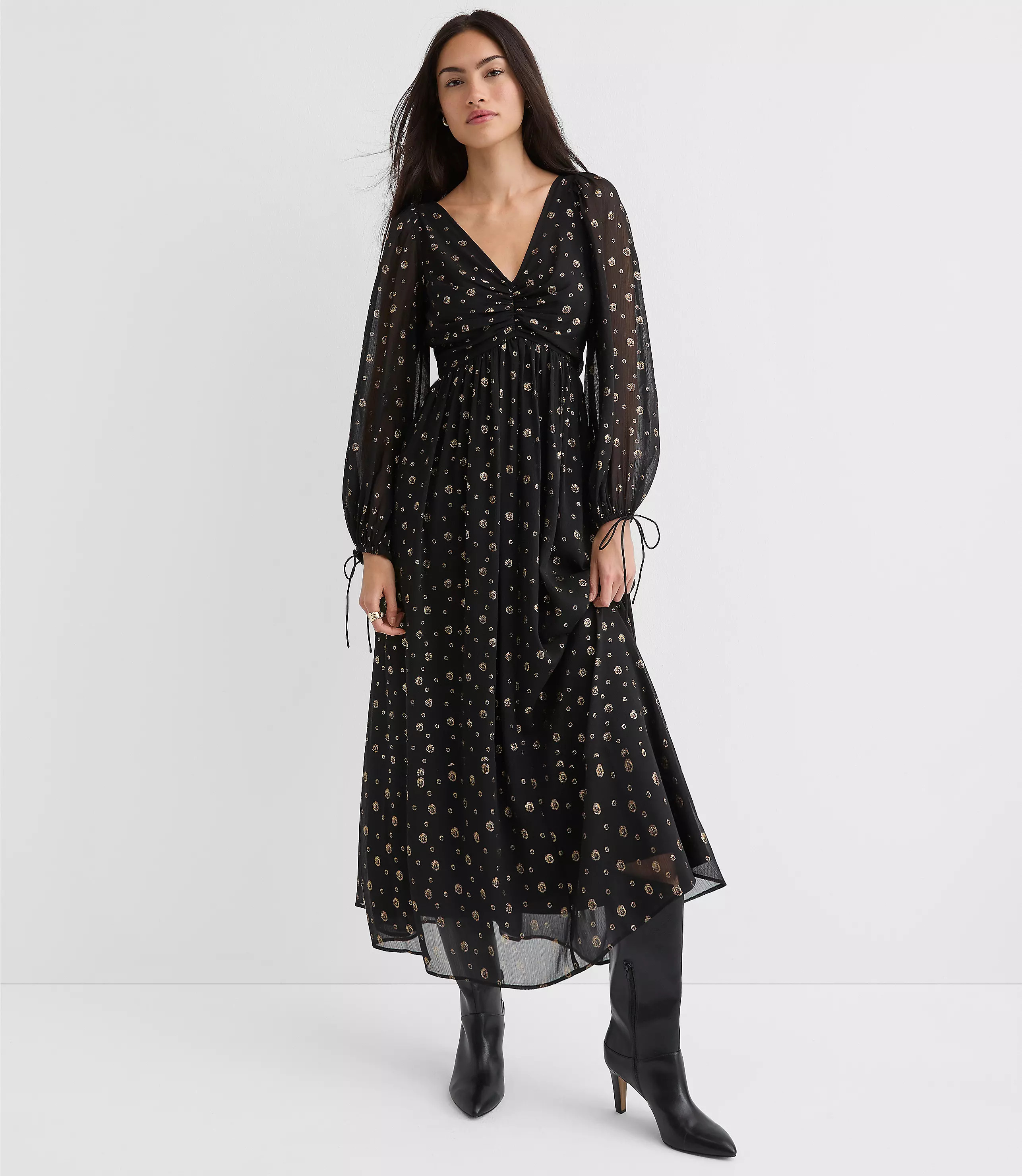 Petite Shimmer Geo Clip Ruched Maxi Dress | LOFT