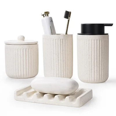 Ceramic Bathroom Accessories Set - Bathroom Counter Soap Set Beige Bathroom Decor Sets Accessories Bathroom Lotion Soap Dispenser And Toothbrush Holde | Wayfair North America
