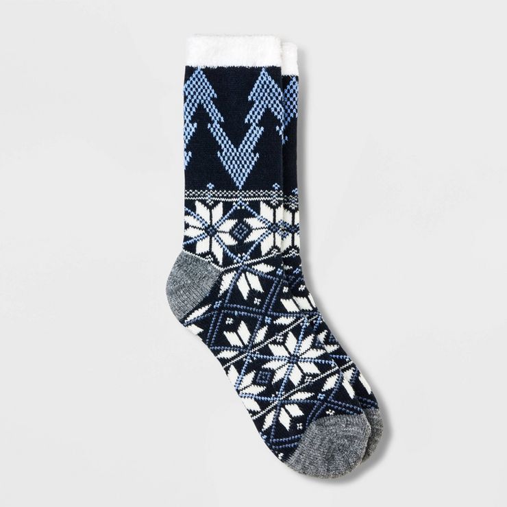 Women&#39;s Holiday Tree Double Lined Cozy Crew Socks - A New Day&#8482; Navy Blue 4-10 | Target