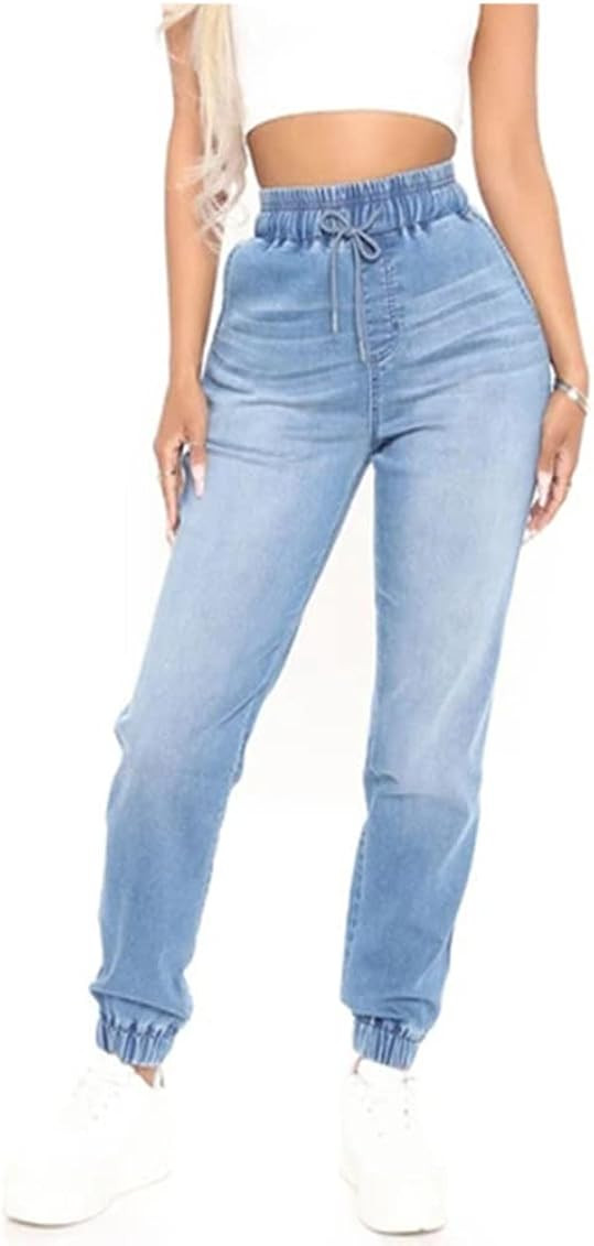 CME SHOWU High Waisted High Waisted Elastic Waist Jean Joggers for Women Stretch Loose Denim Pants w | Amazon (US)
