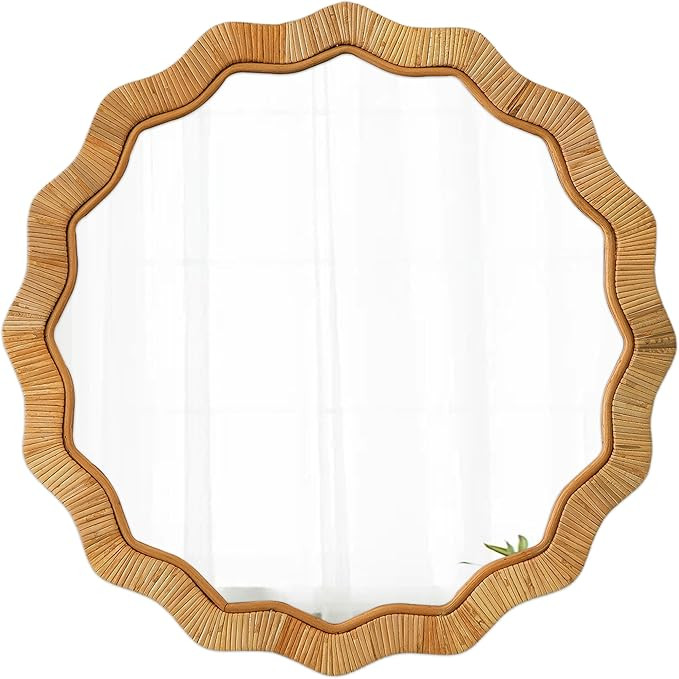 Boho Scalloped Rattan Round Mirror 24 Inches, Hanging Decorative Farmhouse Circle Mirror for Wall... | Amazon (US)