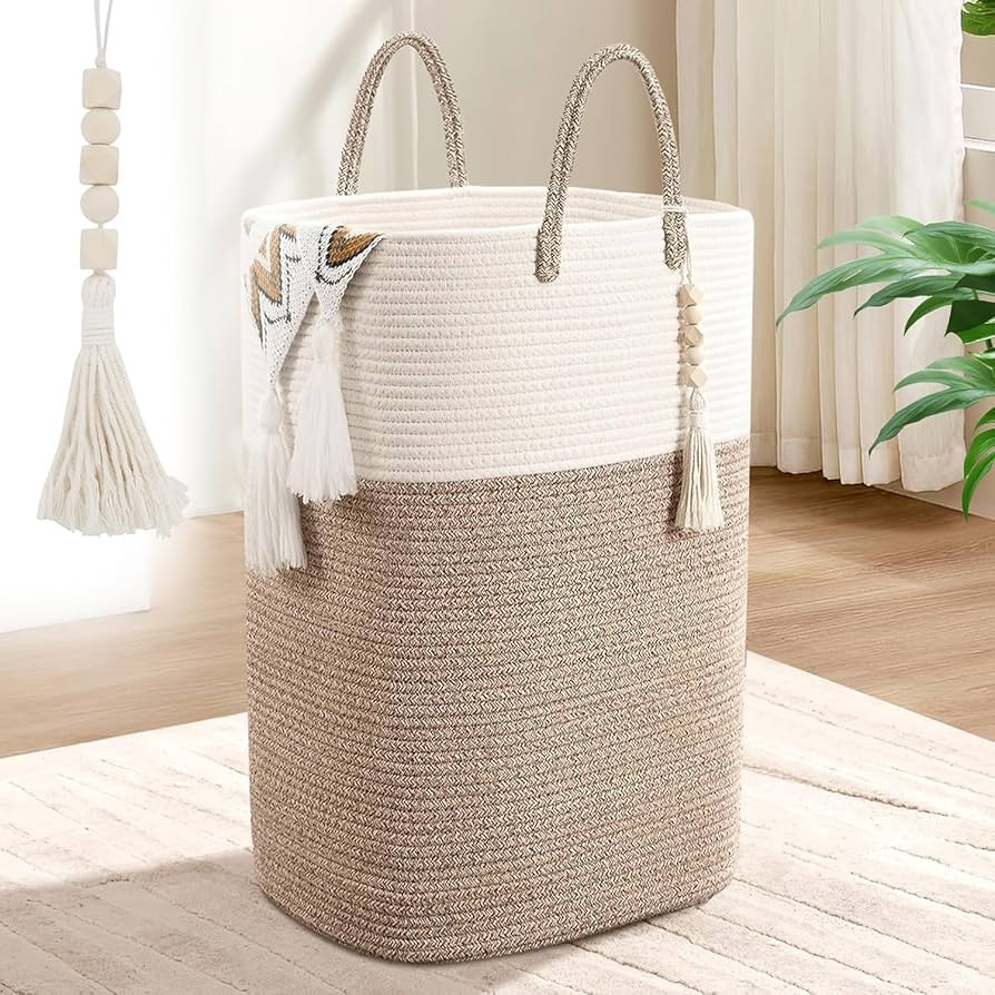Woven Laundry Basket for Clothes, 50L Large Rectangle Laundry Hampers with Beads Tassel, Nursery ... | Amazon (US)