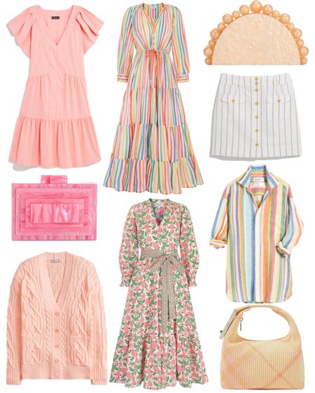 Spring outfit ideas and travel outfit ideas. Love this striped dress and sweater cardigan, mini skirt, and colorful clutches. 

#LTKstyletip #LTKSeasonal #LTKparties