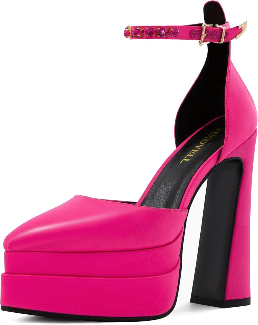 FINDVELL Chunky Platform Heels for Women Pumps Hot Pink Block High Heels Dress Closed Toe Ankle S... | Amazon (US)