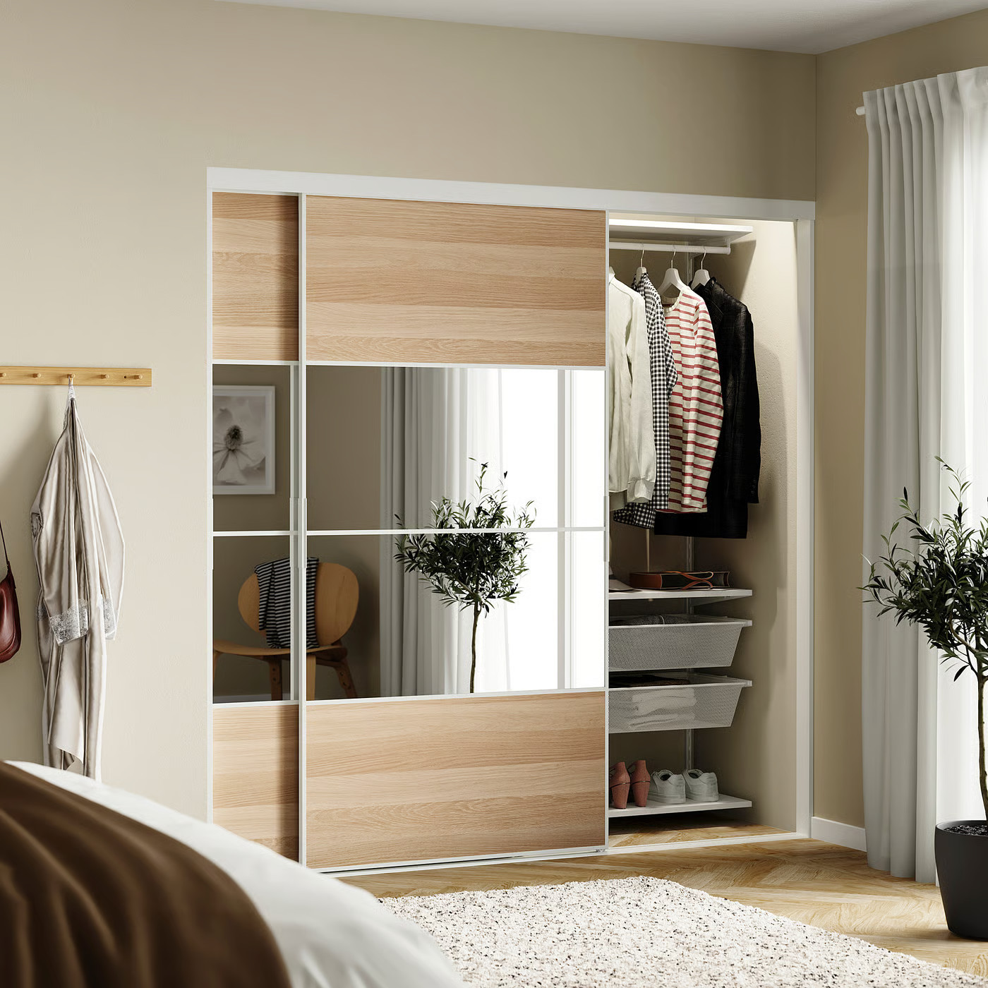 IKEA SKYTTA / BOAXEL reach-in wardrobe with sliding door, white Mehamn/Auli/white stained oak effect mirror glass, 79 1/2x25 5/8x80 1/2 | IKEA US
