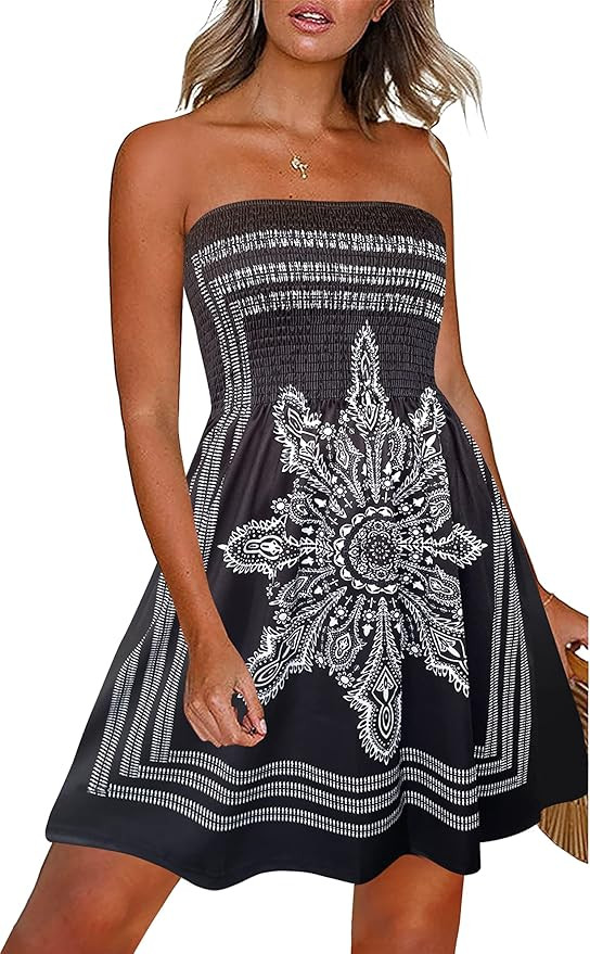 CHICGAL Summer Dresses for Women Beach Cover Ups Strapless Boho Floral Print Sundress | Amazon (US)