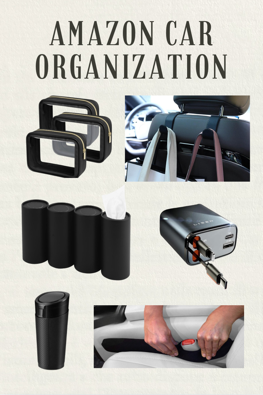 A few simple car organization pieces that make daily driving so much easier. These Amazon finds keep your console tidy, your bags off the floor, and all the small essentials exactly where you need them. Affordable, functional, and perfect for keeping your car clutter free even on the busiest days.

1. Clear zippered pouches
Perfect for keeping small items contained in the glove box or center console.

2. Headrest hooks
Keep bags, backpacks, and shopping totes off the floor and within reach.

3. Cup holder tissues
A compact four pack that fits neatly in your cup holder for easy access.

4. Retractable charger
Built in cords that stay tangle free and ready when you need them.

5. Leak proof mini trash can
Fits in your cup holder and keeps wrappers and small trash contained.

6. Seat gap filler
Prevents items from falling between seats and getting lost. 

 #LTKmomlife #LTKHome #LTKFindsUnder50