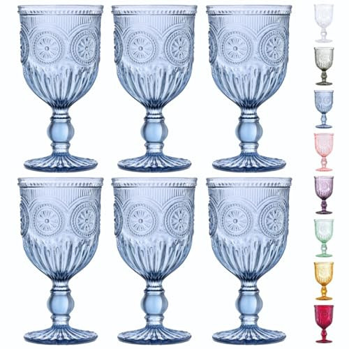 Yungala Blue-Wine-Glasses-Sunflower-Set-6 Blue Wine Glasses Set of 6 Vintage Hobnail Goblets 10 oz Dishwasher Safe | Amazon (US)