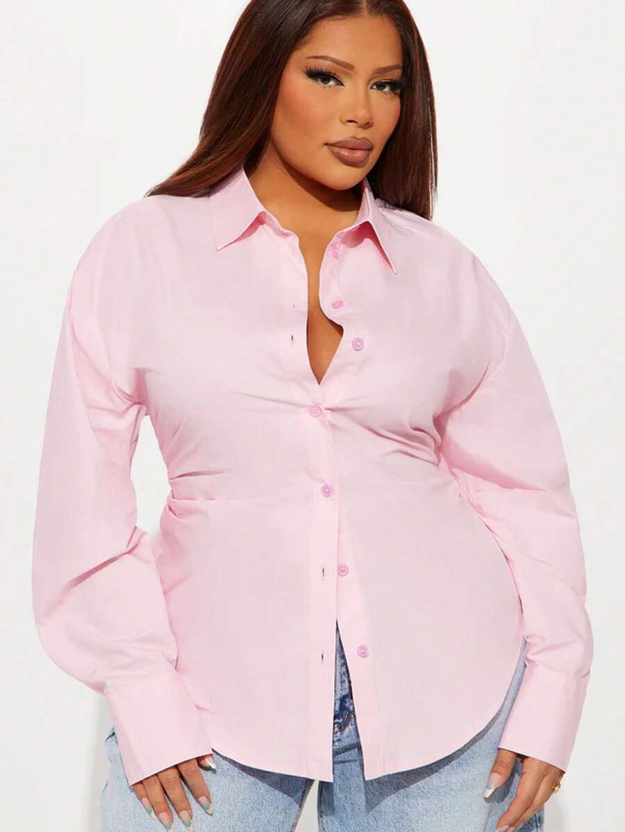 Pink Button-Down Shirt, Vintage Elegant Style Long-Sleeve Cinched-Waist Plus-Size Women's Shirt | SHEIN