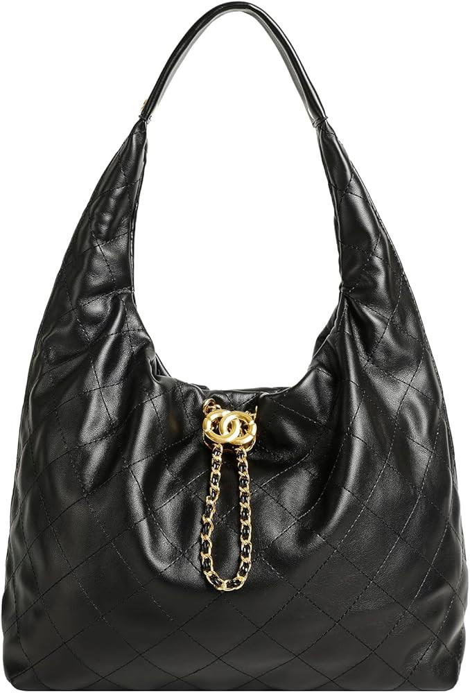 Quilted Leather Tote Handbag for Women, Soft Leather Slouchy Shoulder Bag | Amazon (US)