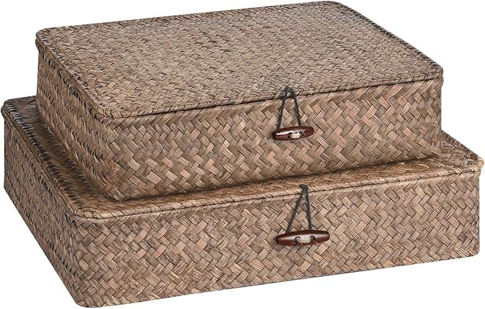 Set of 2 Flat Seagrass Storage Bins with Lid Wicker Storage Baskets for Organizing, Woven Shelf O... | Amazon (US)