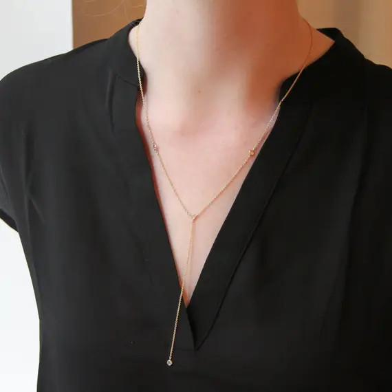 Dainty Gold Lariat Necklace - Long Cubic Zirconia Drop Necklace - Delicate Layering Necklace - CZ... | Etsy (US)