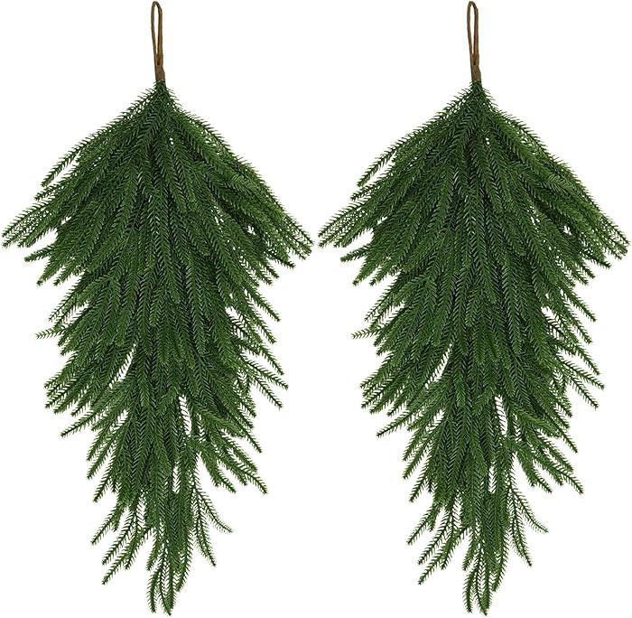 2 Pcs Artificial Christmas Swag, 29.5" Faux Norfolk Pine Needles Cedar Teardrop Hanging Plants Wr... | Amazon (US)