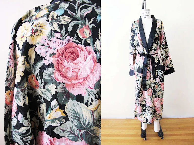 Vintage 80s Black Floral Satin Kimono Robe One Size 1980s Pink Yellow Boudoir Dressing Lounge Bri... | Etsy (US)
