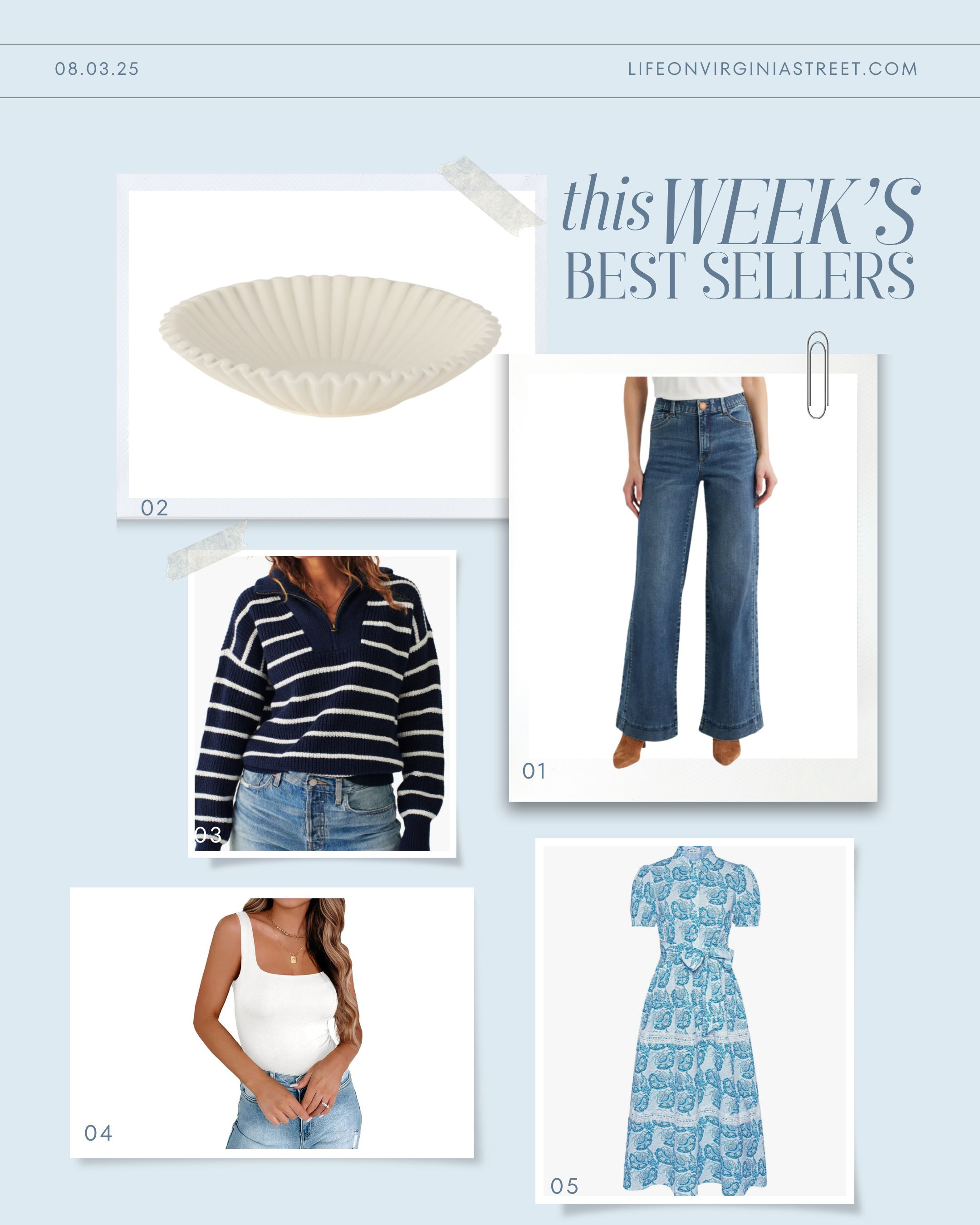 My bestsellers this week including flattering wide leg jeans, a look for less ruffle bowl, a chic nautical sweater, a double-lined tank, and a cute block print shirtdress! Both the jeans and sweater run a bit big (the jeans have a lot of stretch too). #ltksalealert #ltkfindsunder50 #ltkfindsunder100 #ltkstyletip #ltkseasonal #ltkover40 #ltkhome #ltkworkwear 

 

#LTKSeasonal #LTKSaleAlert #LTKFindsUnder50
