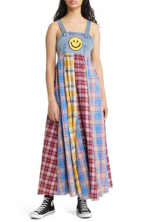 Dressed in Lala Mixed Media Plaid & Denim Sundress in Blue Multi Plaid at Nordstrom, Size Medium | Nordstrom