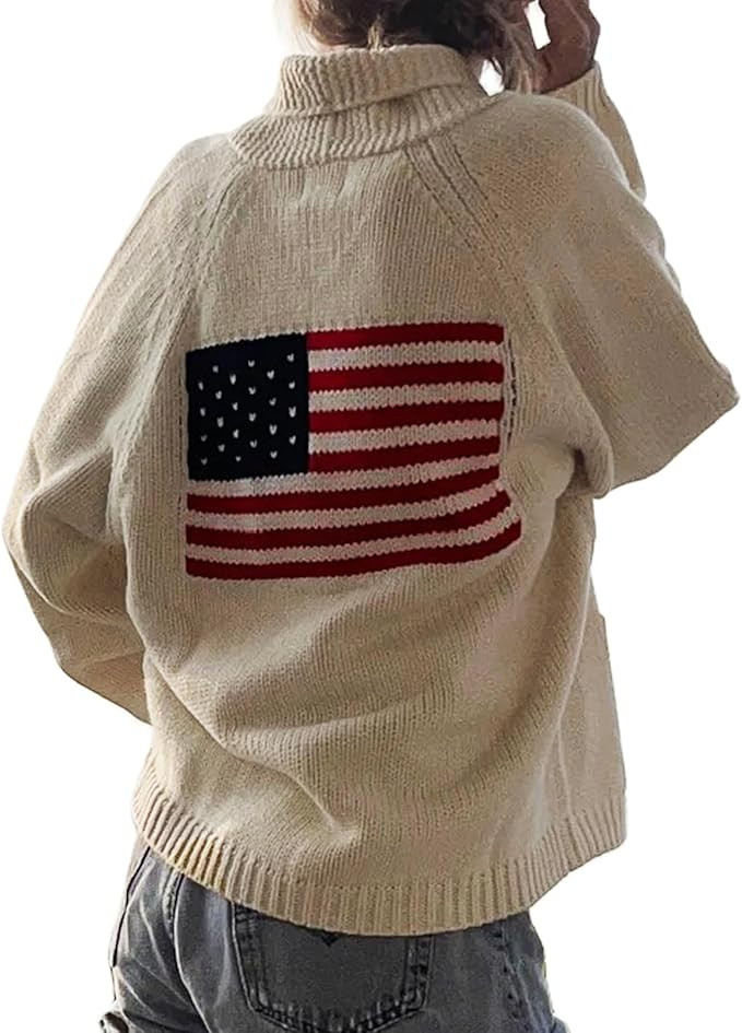 Women American Flag Cardigan Sweaters Y2k Long Sleeve Open Front Button Down Cardigans USA Flag K... | Amazon (US)