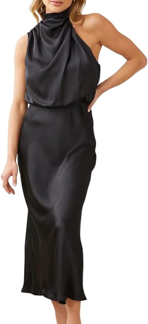 Women Halter Neck Backless Satin Dresses Elegant Sleeveless Summer Solid Color Cocktail Maxi Dres... | Amazon (US)