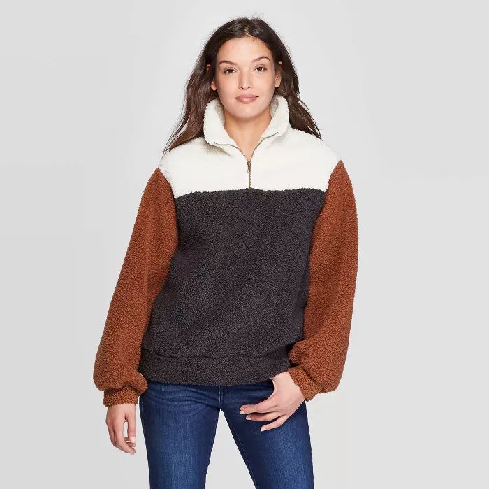 Women's Long Sleeve Quarter Zip-Up Sherpa Sweatshirt - Universal Thread™ Brown | Target