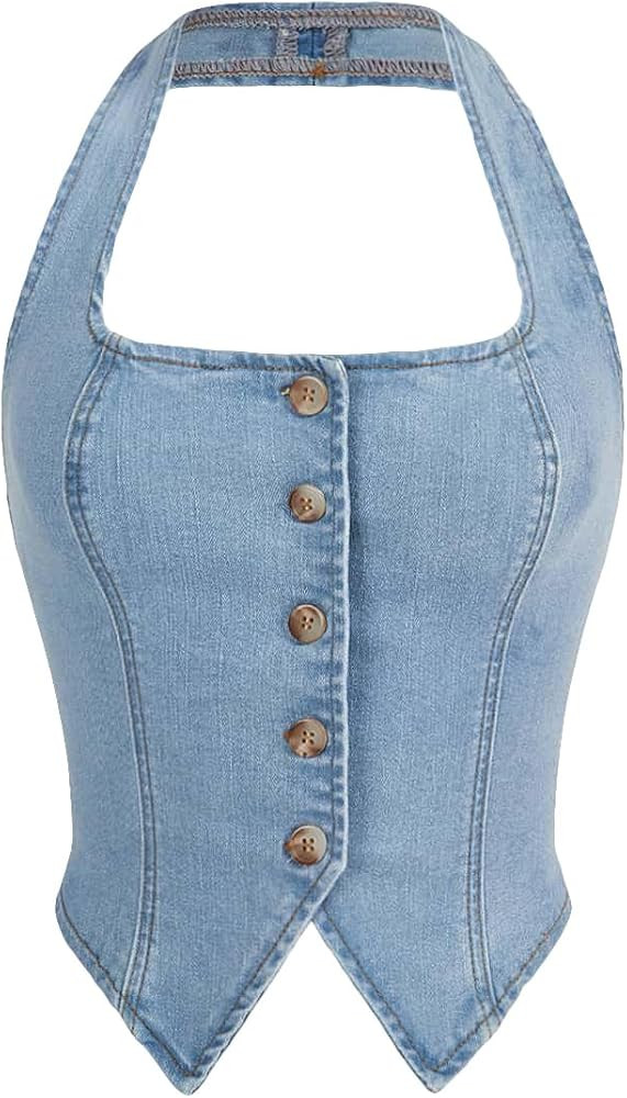 Verdusa Women's Button Front Halter Neck Asymmetrical Denim Crop Top Jean Vest | Amazon (US)