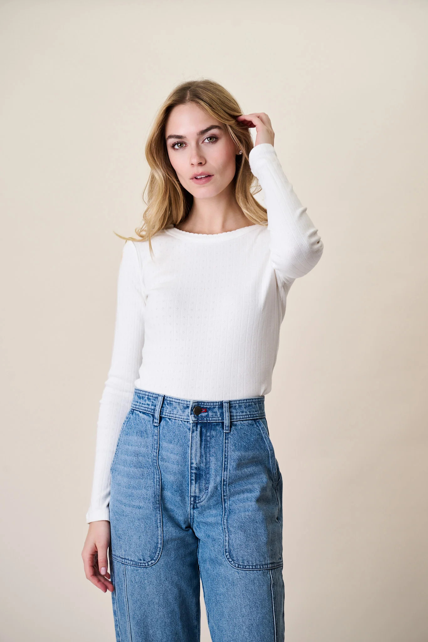 Pointelle Long Sleeve Crewneck - White | Marea