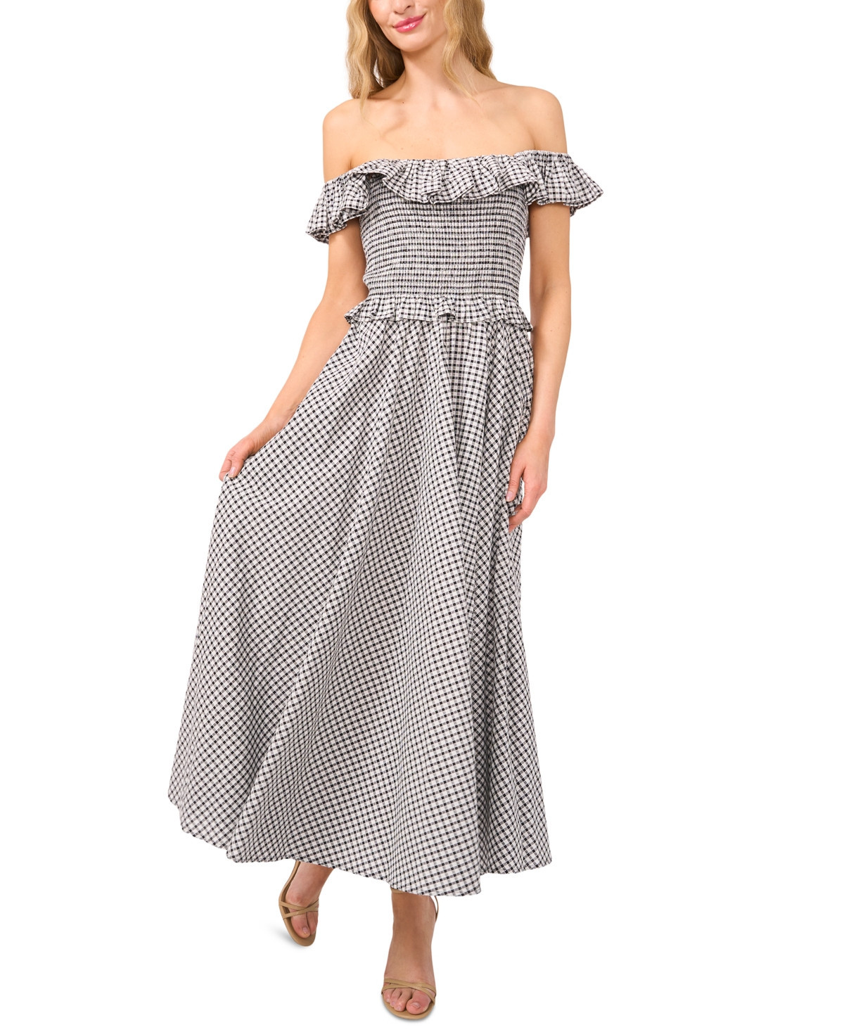 CeCe Women's Off-the-Shoulder Gingham Maxi Dress - Rich Black | Macy's