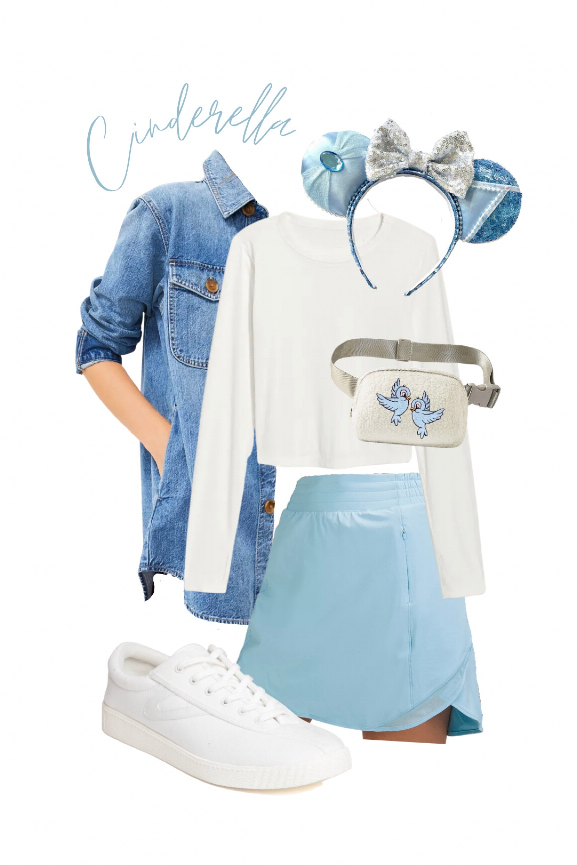 Cinderella look! Here’s what I plan on wearing for Day 1 if the weather cooperates. Going to Disney in Jan-Feb can be tricky, but it’s all about layering.  

Disney outfit ideas. Disney Cinderella ears. DIY Disney bag! Tretorn shoes- the comfiest shoes for all of the Disney walking. LuLu skirt. Jean shacket. Old Navy white shirt. Amazon Sherpa bag. 

#LTKstyletip #LTKunder50 #LTKtravel