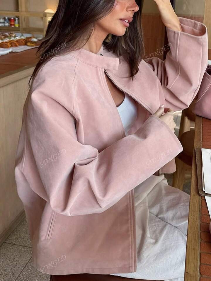 Women's New Zipper Solid Versatile Autumn/Winter Sexy Comfort Jacket, Faux Suede Outerwear | SHEIN