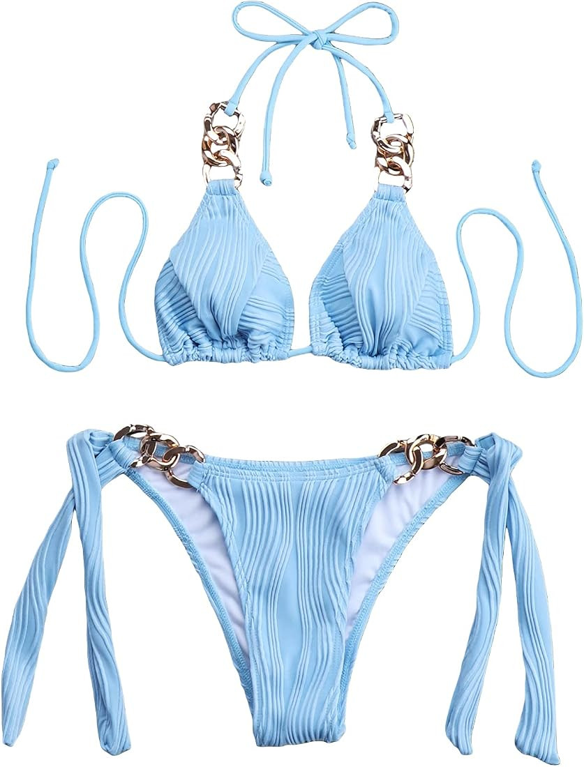 GORGLITTER Women's 2 Piece Chain Bikini Set High Cut Thong Swimsuit Tie Side Textured Bathing Sui... | Amazon (US)