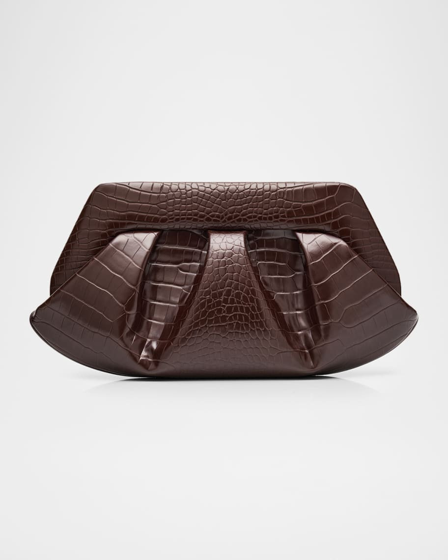 THEMOIRE Emera Pleated Croc-Embossed Vegan Leather Clutch Bag | Neiman Marcus