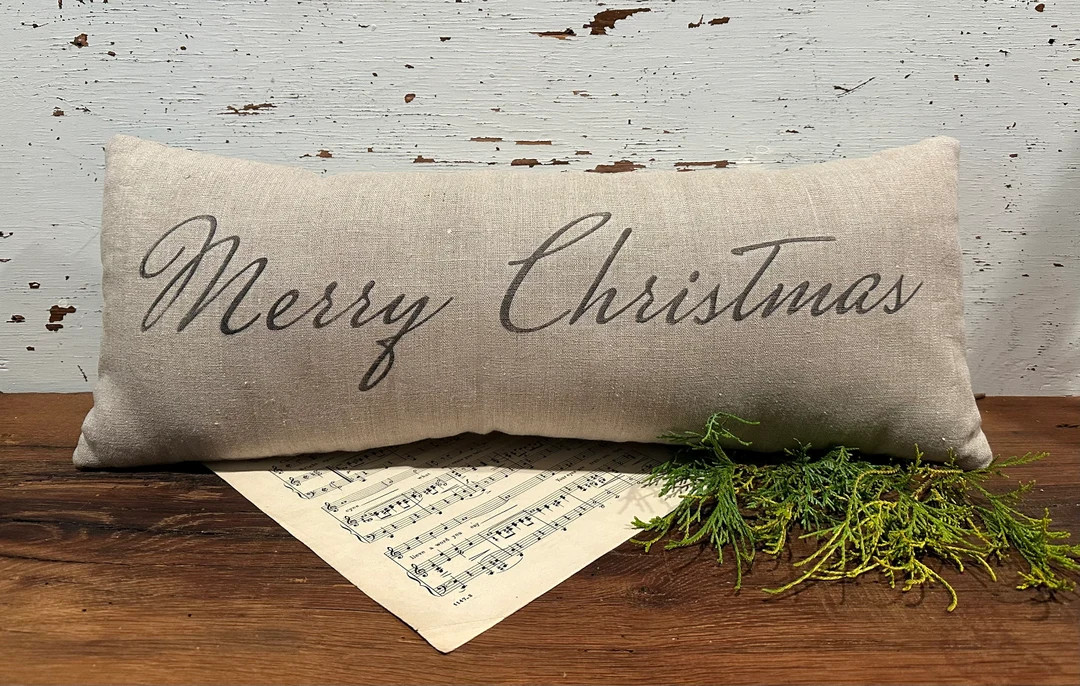 Natural European Linen Merry Christmas Pillow, Rustic Farmhouse Grainsack Style Decor, Primitive ... | Etsy (US)
