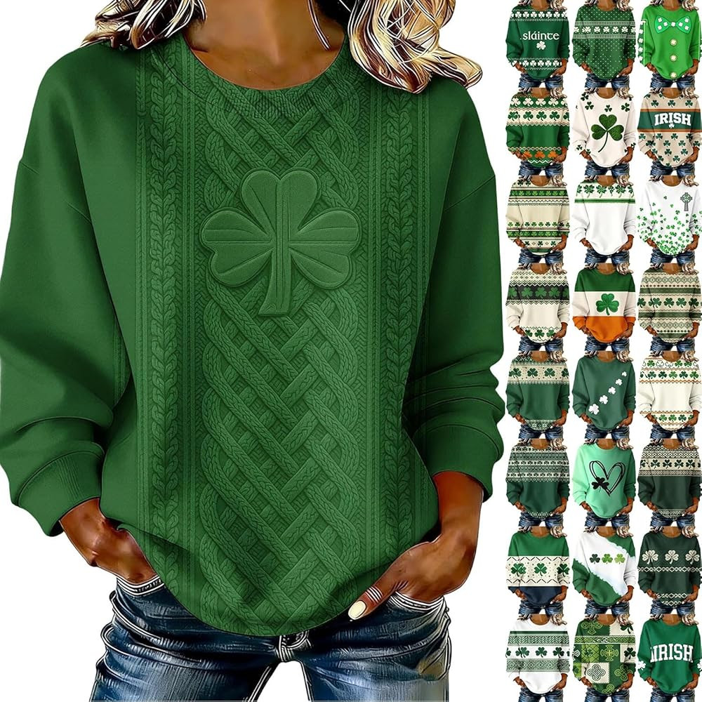 St Patricks Day Shirt Women Funny Shamrock Cute Printed Sweatshirt St. Patrick's Day Casual Long ... | Amazon (US)