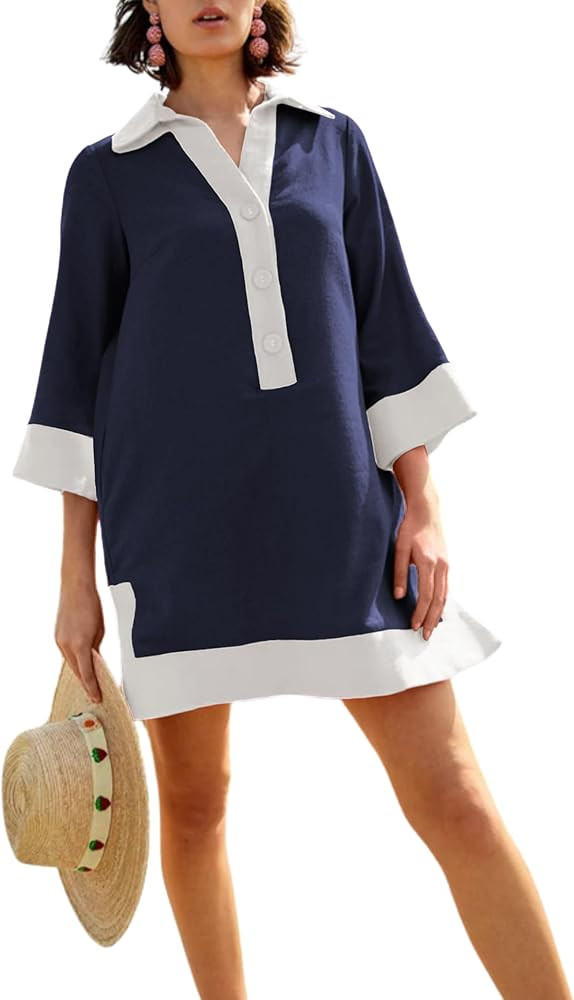 Omoone 2025 Swimsuit Coverup for Women Color Block Summer Beach Dresses V Neck Mini Linen Dress S... | Amazon (US)