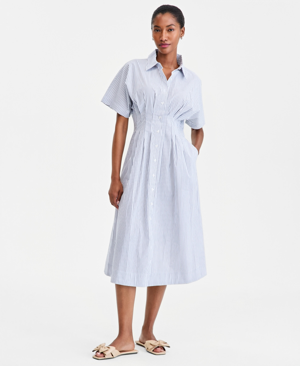 On 34th Women's Pleated Waist Midi Shirtdress, Macy's Exclusive - White Blue Combo | Macy's