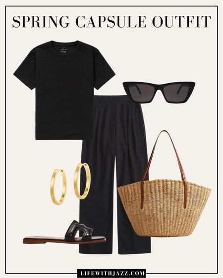 Monochrome spring outfit inspo 🖤

Black tee / linen trousers / linen pants / gold earrings / elevated sandals / straw tote / large tote / sunglasses / farmers market outfit / weekend / casual 

#LTKstyletip #LTKSeasonal