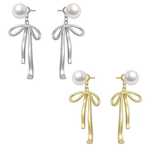 Pearl Bow Earrings For Women, 14k Gold/Silver Plated Bow Drop Dangle Cute Pearl Stud Statement Earring 2024 Trendy Jewelry Gift(Gold+ Silver) | Amazon (US)