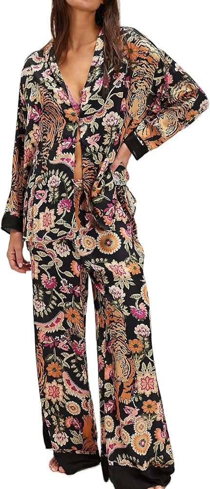 Womens Satin 2 Piece Long Sleeve Tops Pants Sets Y2k Cute Aesthetic Oversized Graphic Pajamas Out... | Amazon (US)
