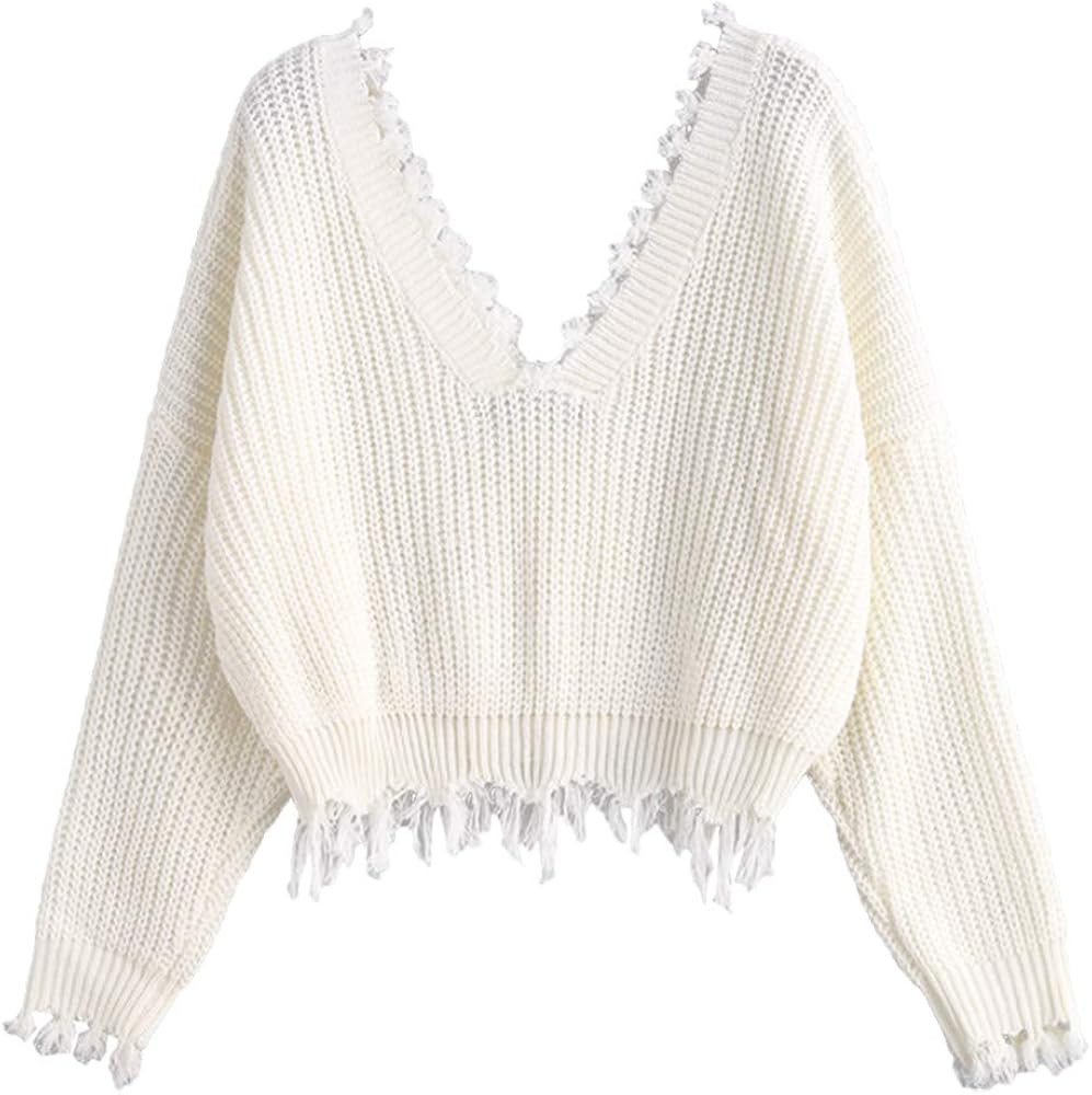 ZAFUL Women's Loose Long Sleeve V-Neck Ripped Pullover Knit Sweater Crop Top | Amazon (US)