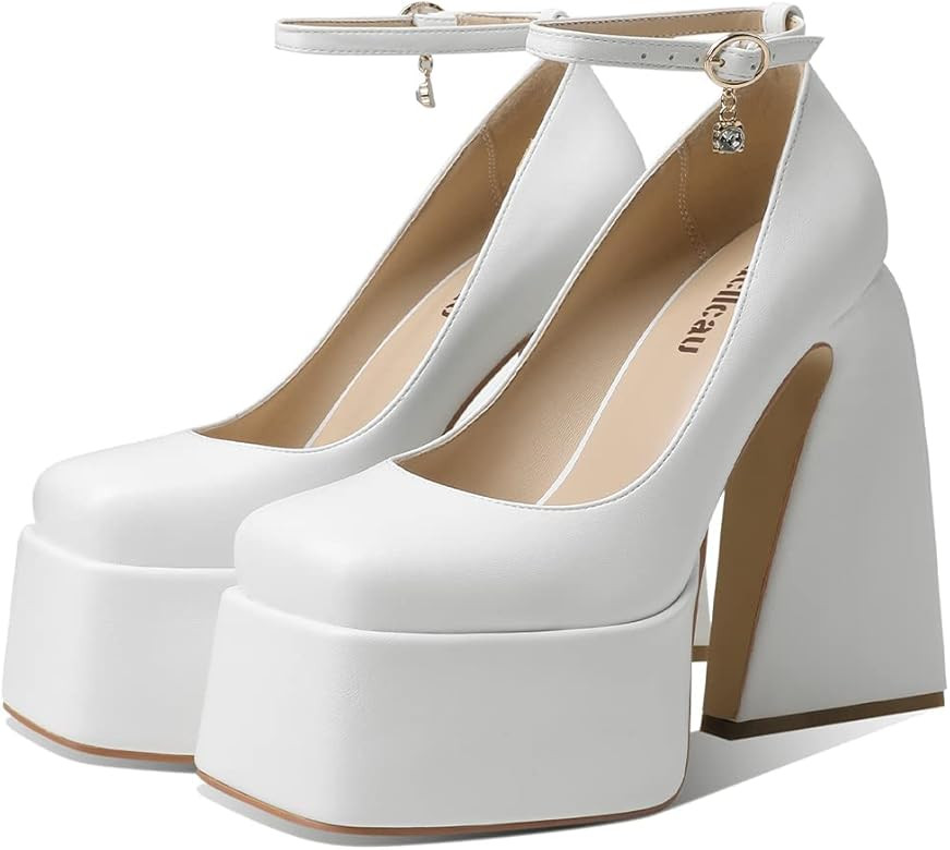 Uacllcau Women's Platform Chunky Heel Pumps for Women Sexy Square Toe Ankle Rhinestones Strap Par... | Amazon (US)