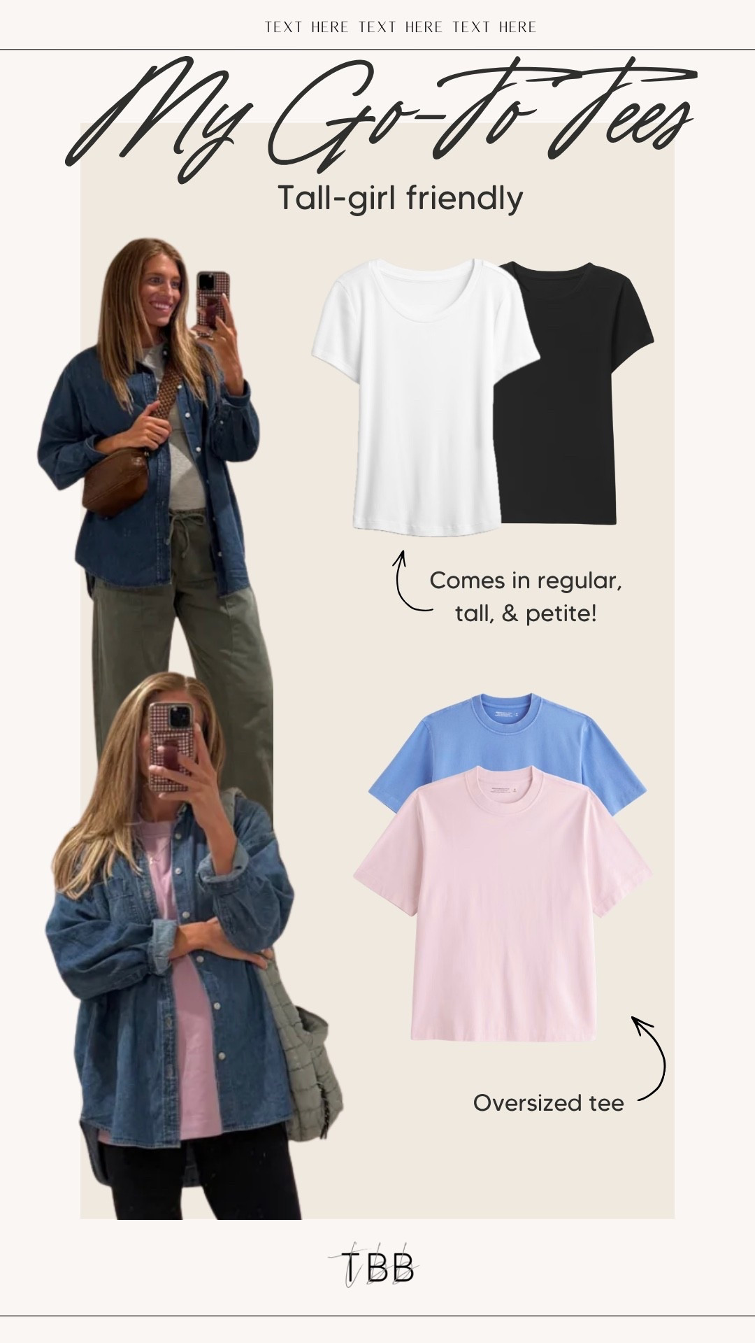  Two of my go-to tees! In the crewneck tee, I wear a medium tall for pregnancy and not for the oversized look. I also have a small regular for a more fitted look!

 