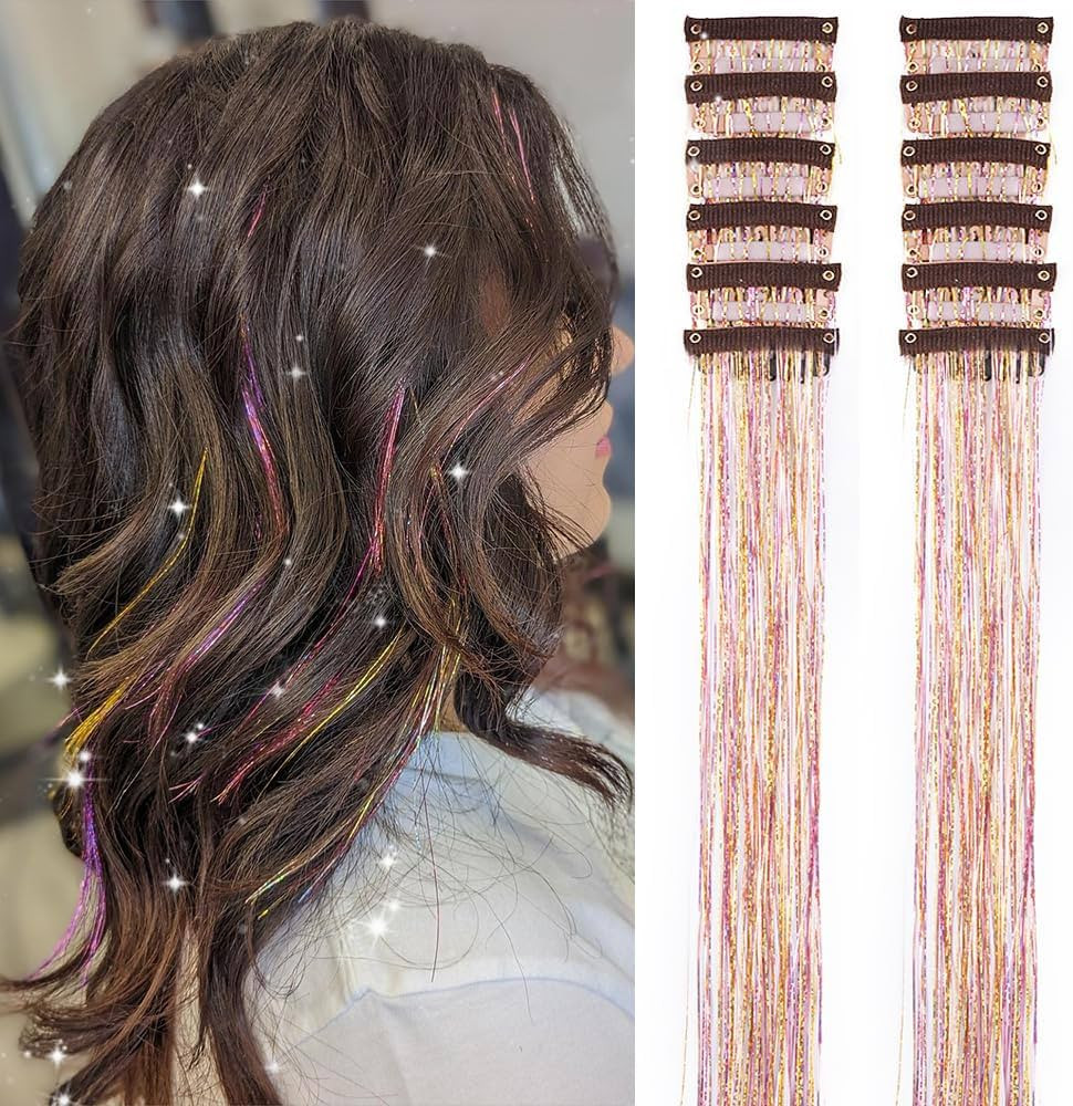 Gold Hair Tinsel Pack of 12 Pcs Glitter Hair Accessories 20 Inch Clip in Hair Tinsel Extensions F... | Amazon (US)