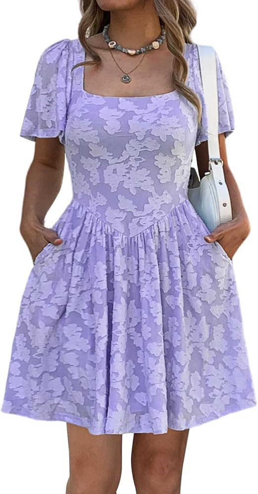 Women's Summer Floral Jacquard Square Neck Short Sleeve Mini Dress A-Line Casual Wedding Guest Dr... | Amazon (US)