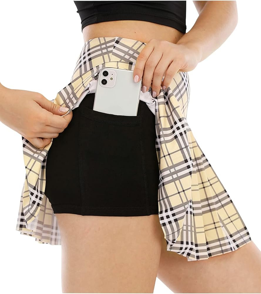 Vsaiddt Women's Plaid Tennis Skirt with Pockets Athletic Plaid Golf Skirts Pleated Pink Plaid Skirt | Amazon (US)