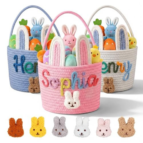 Personalized Easter Baskets for Boys & Girls, Cute Bunny Custom Easter Basket for Girls with Embroidered Name Woven Cotton Rope Tote Kids’ Easter Gifts for Egg Hunts | Amazon (US)