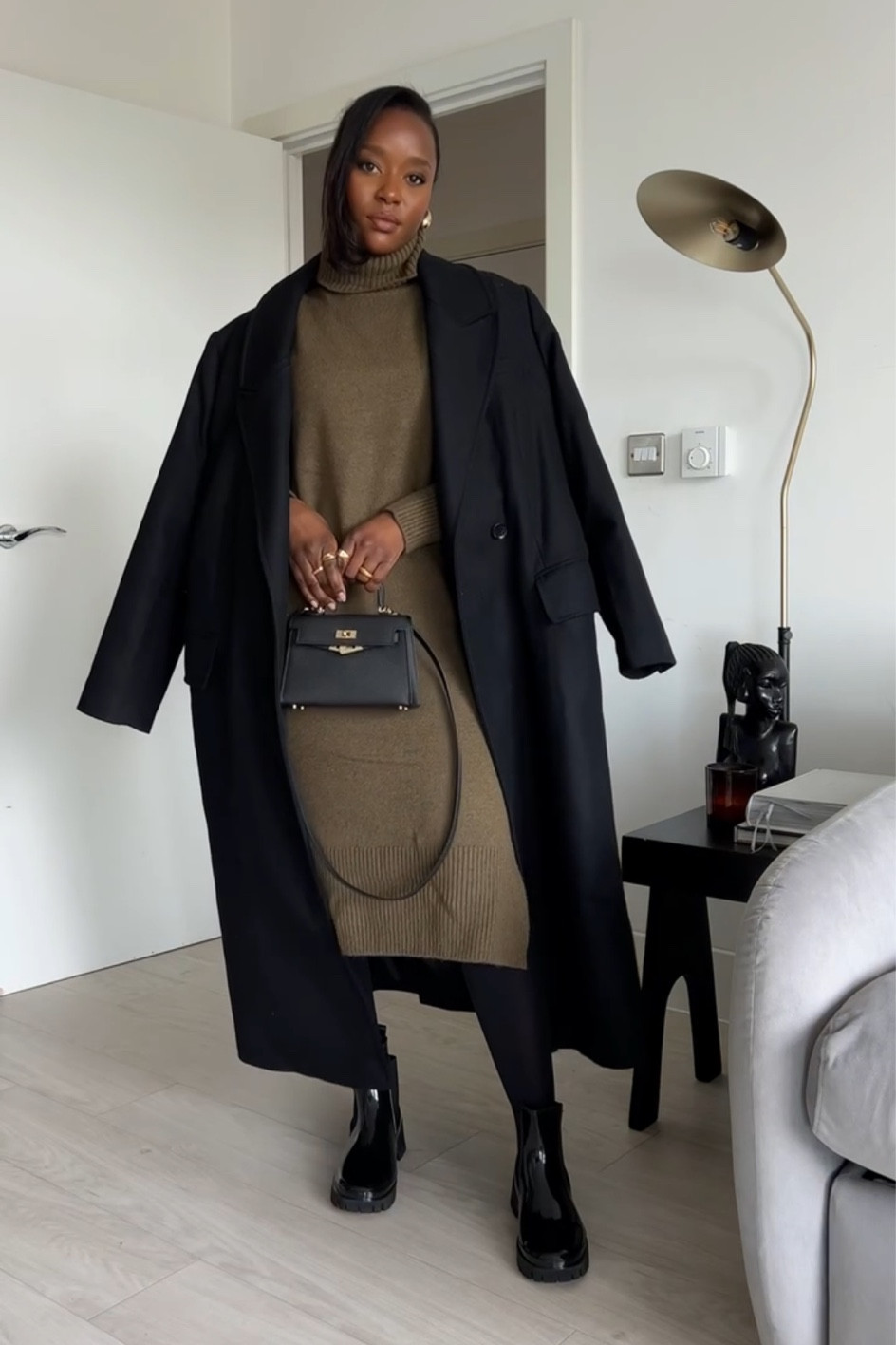 Khaki knit dress, oversized Mango coat, black boots, cosy outfit, transitional style, autumnal outfit, autumn winter outfit, gold earrings Amazon, black coat 

#LTKstyletip #LTKSeasonal #LTKeurope